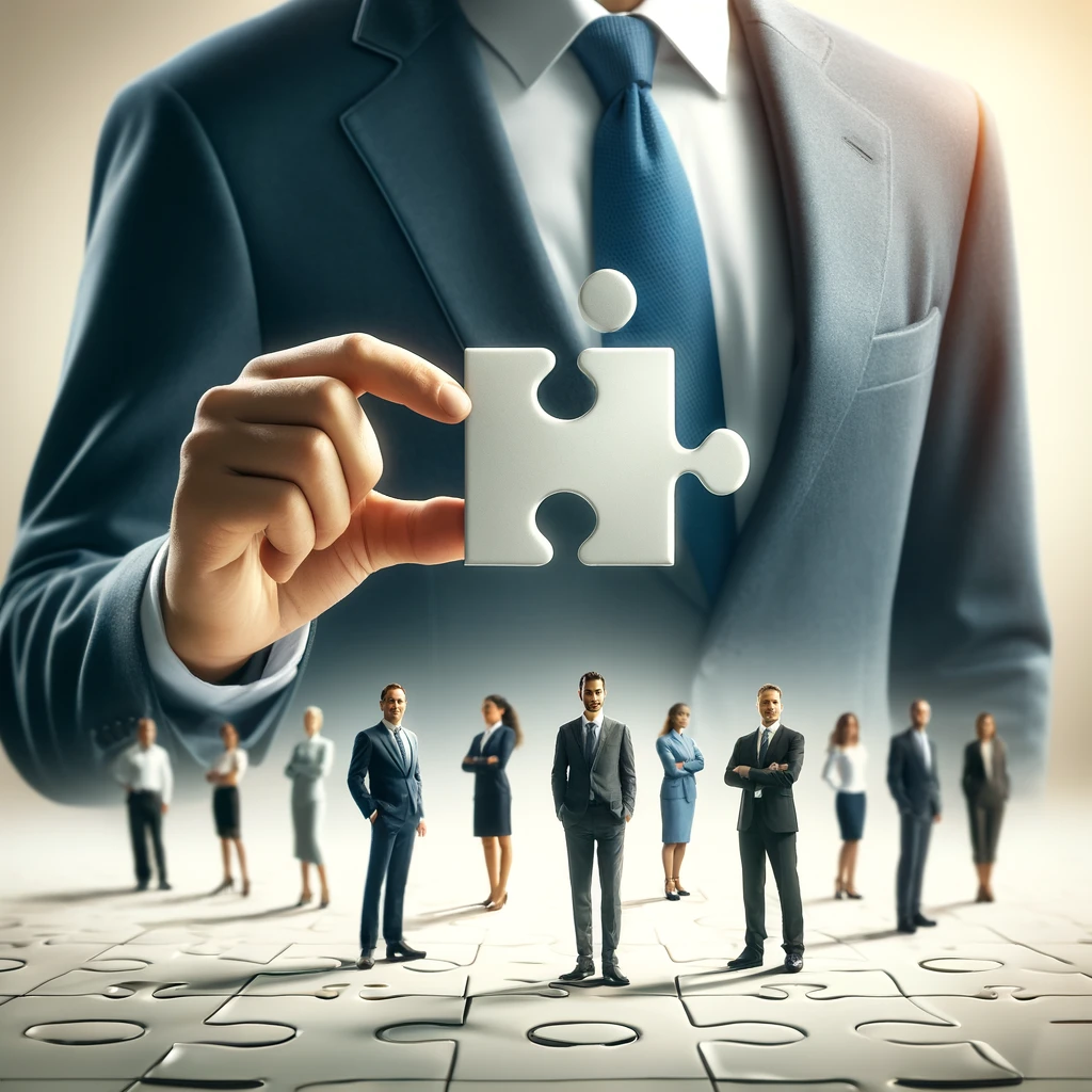 Business professional holding a puzzle piece with diverse team members in the background, symbolizing the potential of staff augmentation.