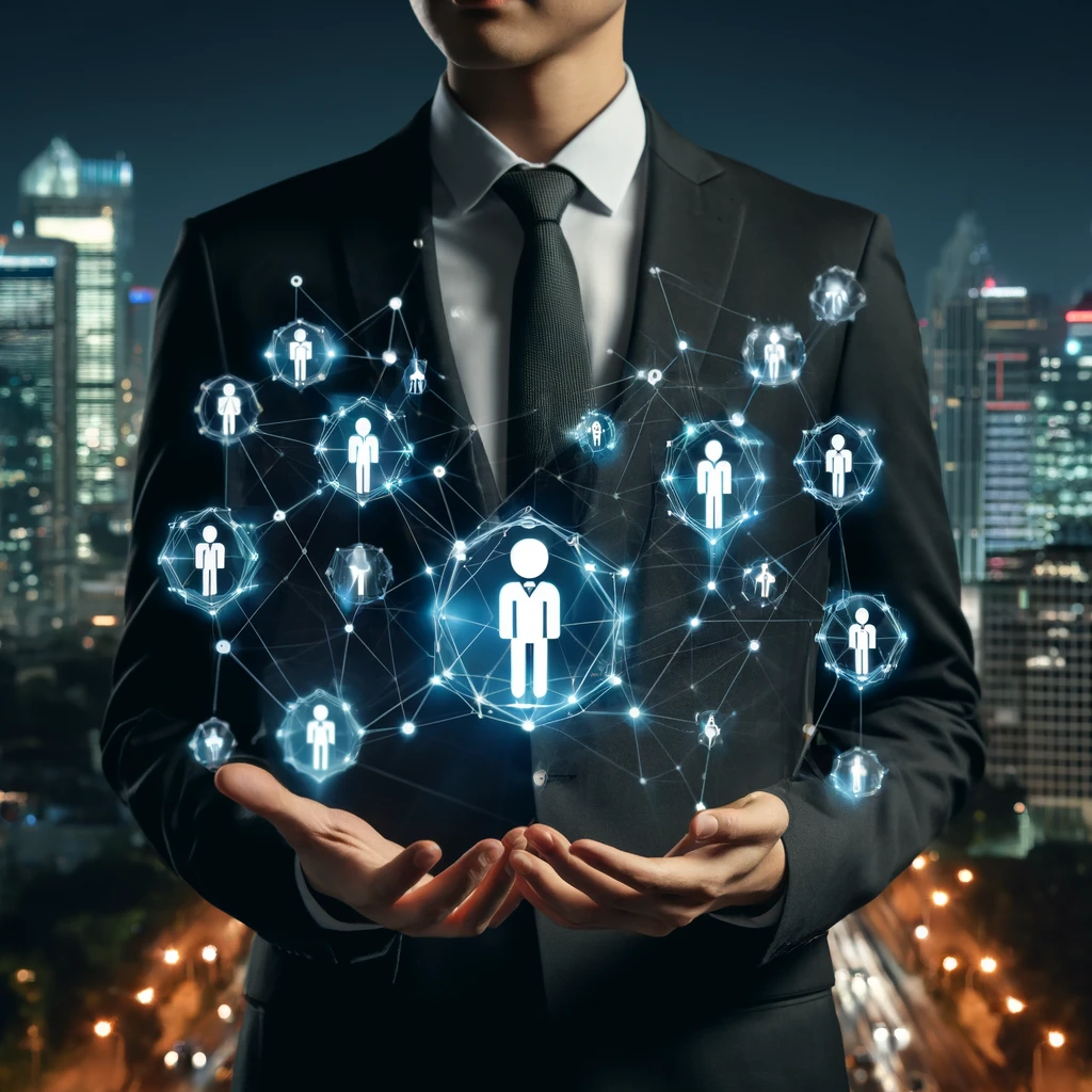 Business professional in a suit interacting with a digital network of people icons, symbolizing staff augmentation and connectivity, with a cityscape at night in the background.