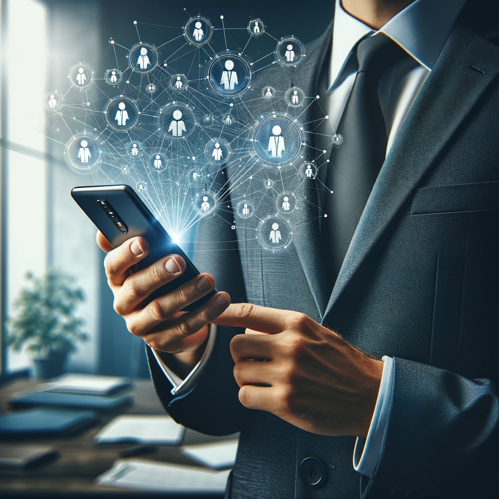 Business professional in a suit interacting with a digital network of people icons, symbolizing staff augmentation and connectivity, with a cityscape at night in the background.